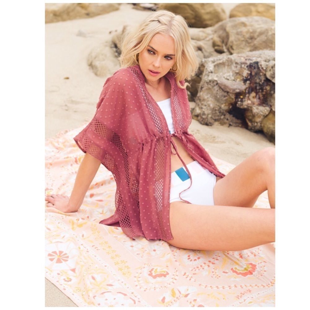 SWISS dot open kimono cardigan with drawstring